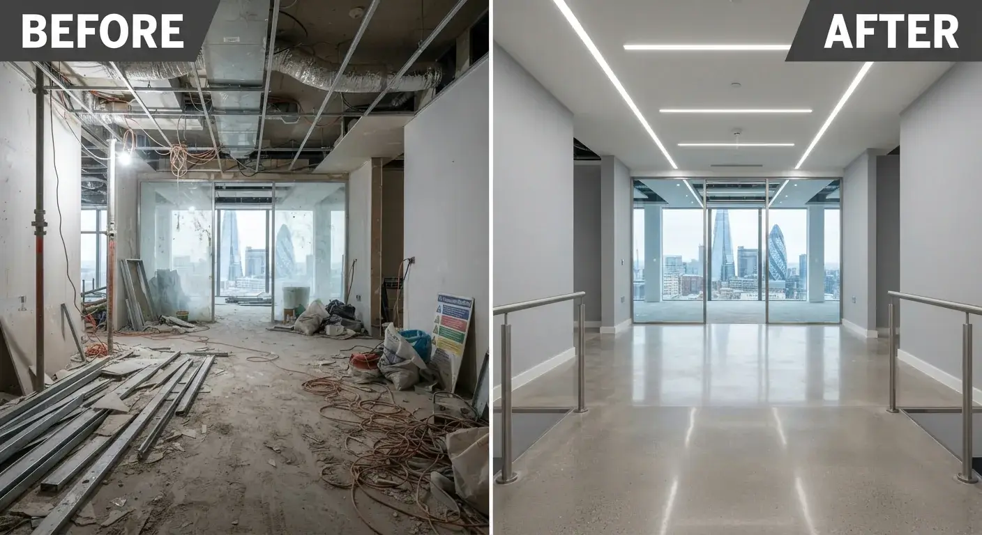 Before and after builders cleaning of an office corridor in London by Crystal FM