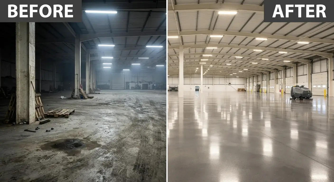 Before and after commercial cleaning of a building atrium in London by Crystal FM