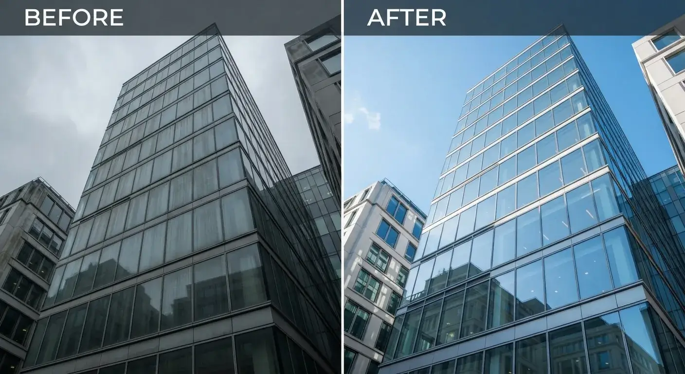 Before and after commercial cleaning of a building exterior in London by Crystal FM