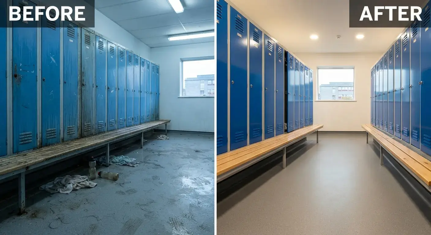 Before and after commercial cleaning of a corridor in London by Crystal FM