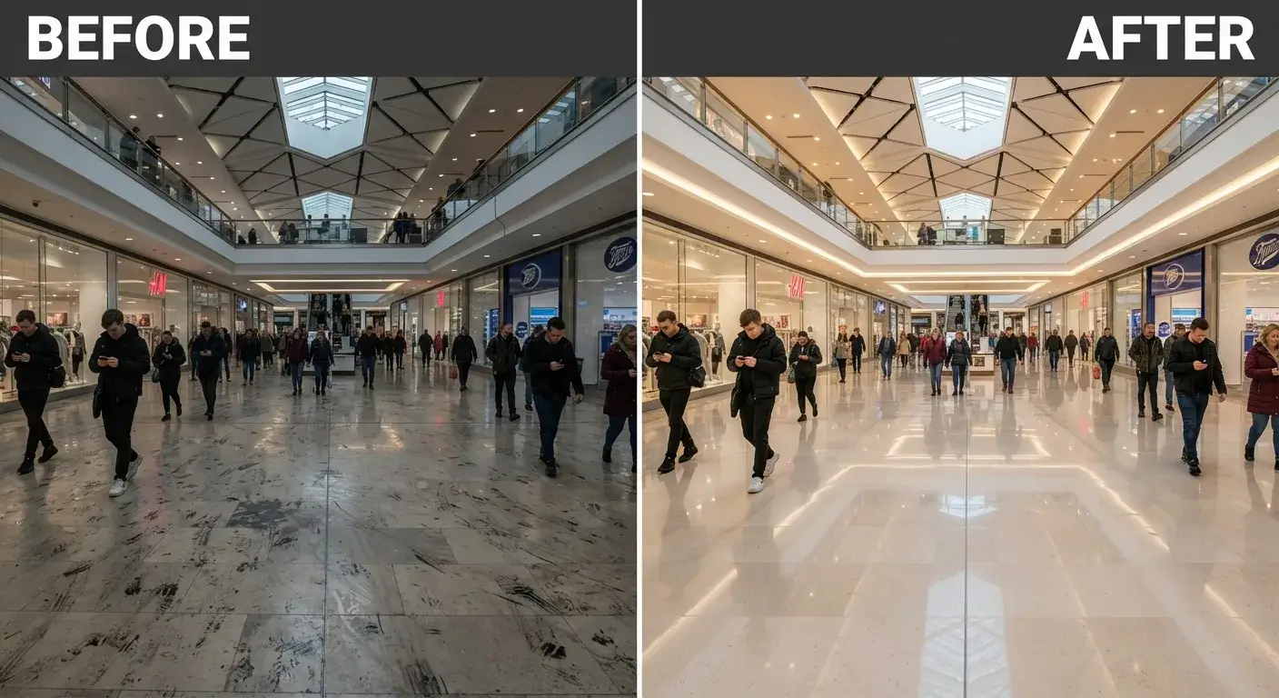 Before and after commercial cleaning of an office floor in London by Crystal FM