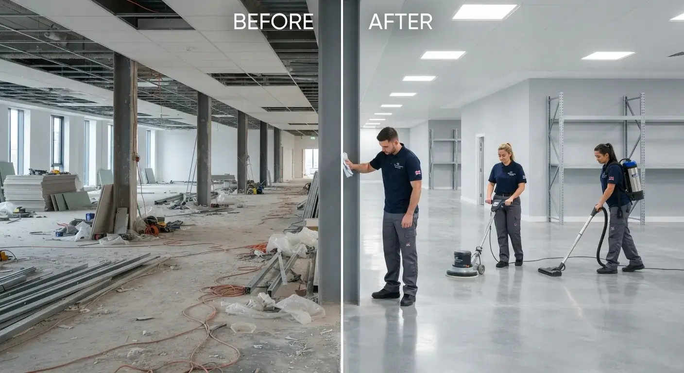 Before and after construction site cleaning of an open-plan office in London by Crystal FM
