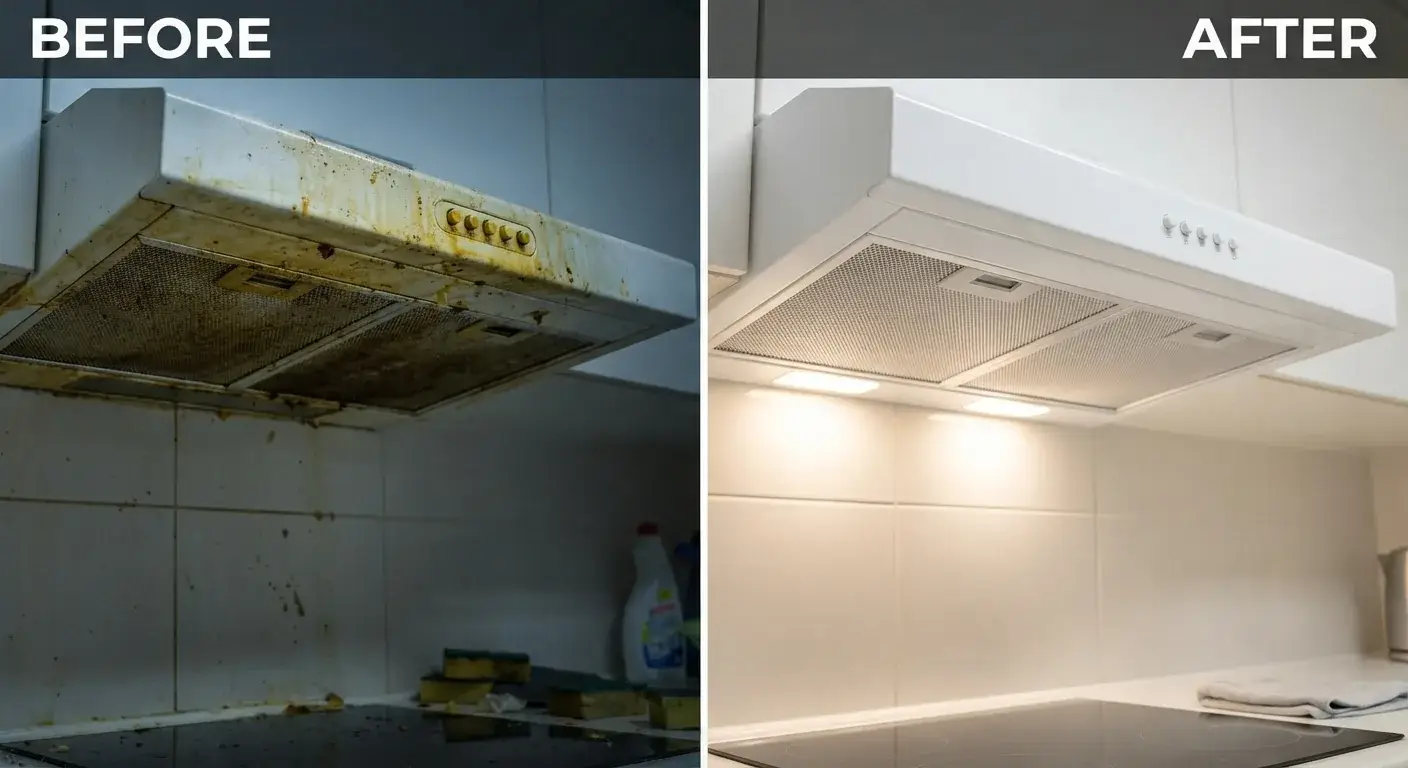 Before and after deep cleaning of a kitchen extractor hood in London by Crystal FM