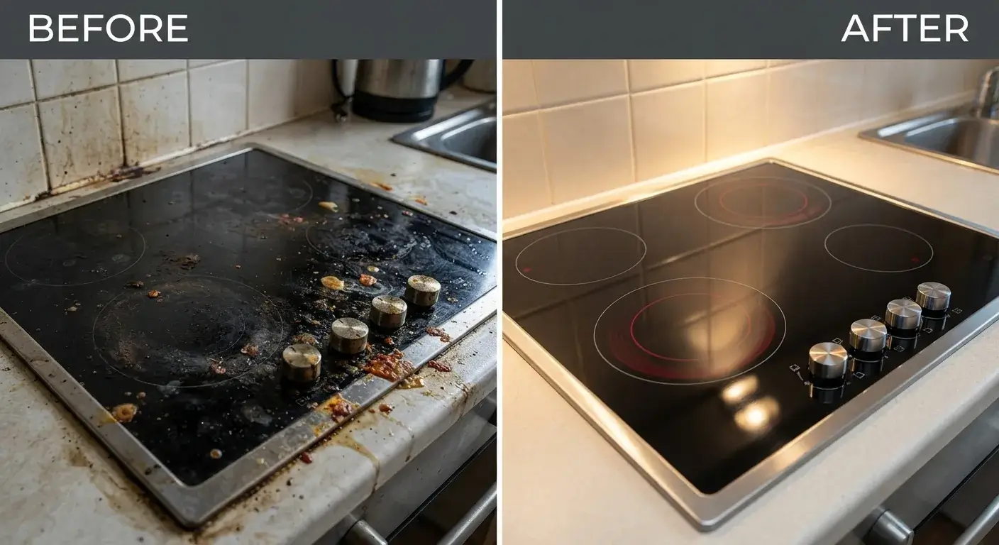 Before and after deep cleaning of a kitchen hob in London by Crystal FM