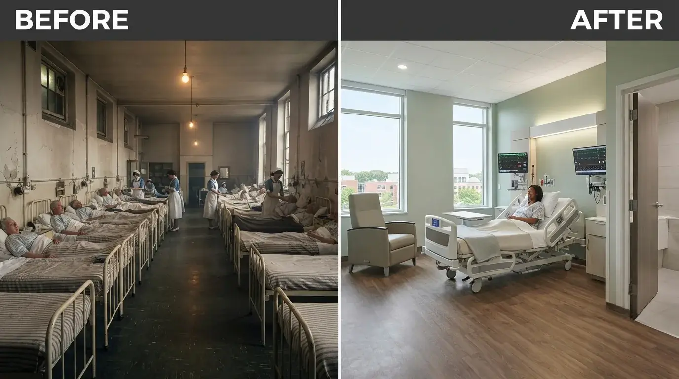 Before and after healthcare cleaning of a ward corridor in London by Crystal FM