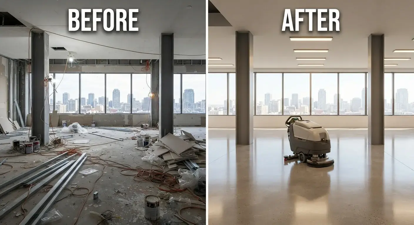 Before and after post-construction office floor cleaning in London by Crystal FM