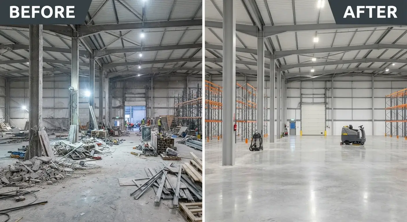 Before and after post-construction warehouse cleaning in London by Crystal FM