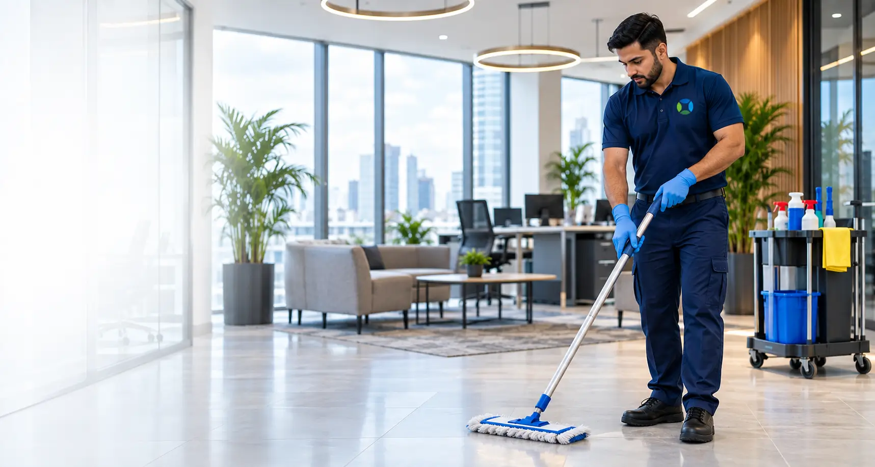 Commercial cleaners operating a floor-cleaning machine and wiping a reception desk